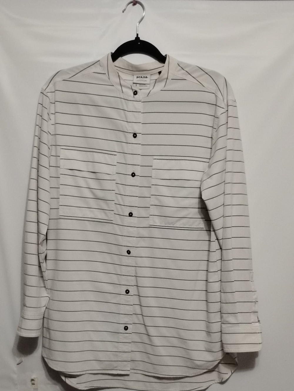 Prana Nautical White Shirt-Jacket with Thin Gray Stripes